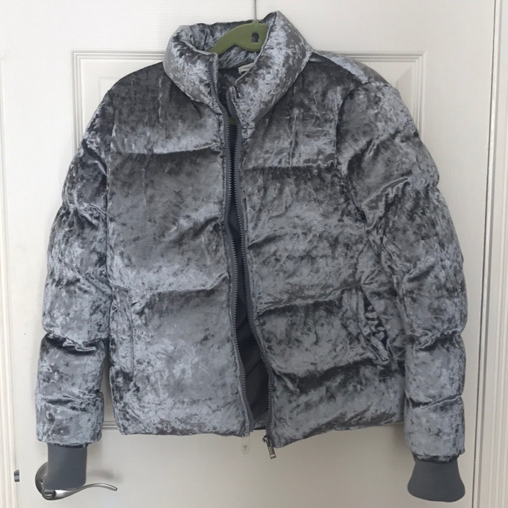Gray metallic puffer coat